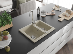 Mexen Carlos Granitspüle 1,5-Becken 582 x 475 mm, beige, Siphon Chrom - 6518581500-69