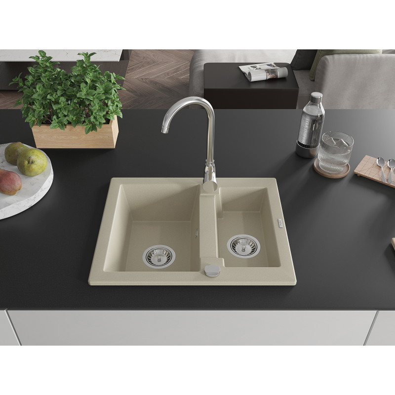 Mexen Carlos fregadero de granito 1,5 senos 582 x 475 mm, beige, sifón cromado - 6518581500-69