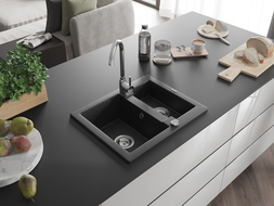 Mexen Carlos évier en granit 1,5 bac 582 x 475 mm, noir/argent métallisé, siphon chromé - 6518581500-73