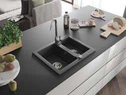 Mexen Carlos évier en granit 1,5 bac 582 x 475 mm, noir moucheté, siphon chromé - 6518581500-76
