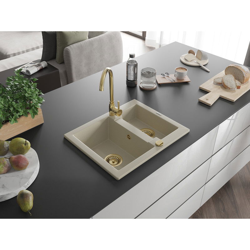 Mexen Carlos lavello da cucina in granito 1,5 vasche 582 x 475 mm, beige, sifone dorato - 6518581500-69-G