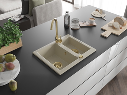 Mexen Carlos granieten gootsteen 1,5-kamer 582 x 475 mm, beige, gouden sifon - 6518581500-69-G