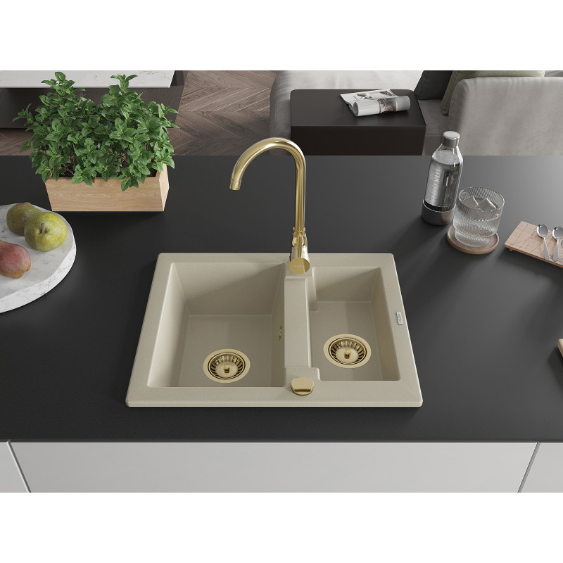 Mexen Carlos granit gootsteen 1,5-komorige 582 x 475 mm, beige, gouden sifon - 6518581500-69-G