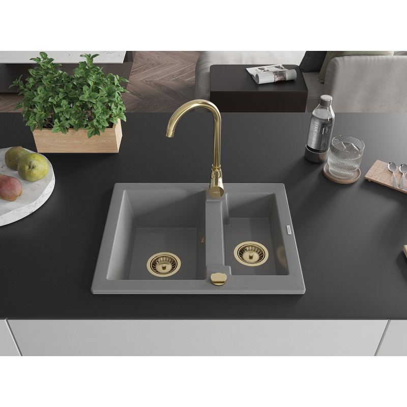 Mexen Carlos 1,5-komorige granieten spoelbak 582 x 475 mm, grijs, gouden sifon - 6518581500-71-G