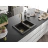 Mexen Carlos Granitspüle 1,5-Becken 582 x 475 mm, schwarz/gold metallic, goldener Siphon - 6518581500-75-G