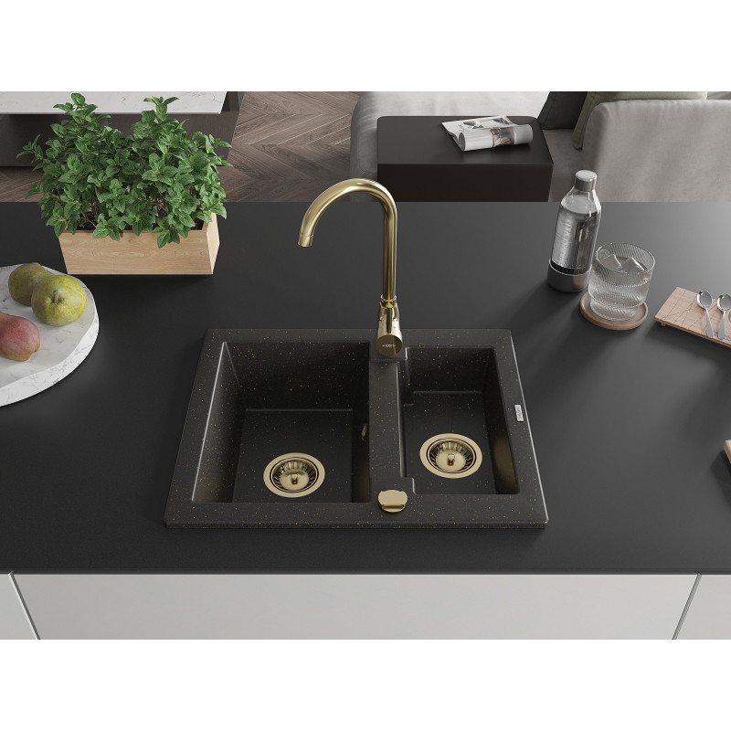 Mexen Carlos évier en granit 1,5 bac 582 x 475 mm, noir/doré métallisé, siphon doré - 6518581500-75-G
