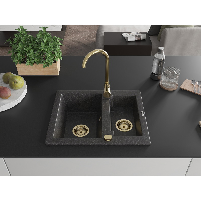 Mexen Carlos fregadero de granito de 1,5 compartimentos de 582 x 475 mm, negro moteado, sifón dorado - 6518581500-76-G