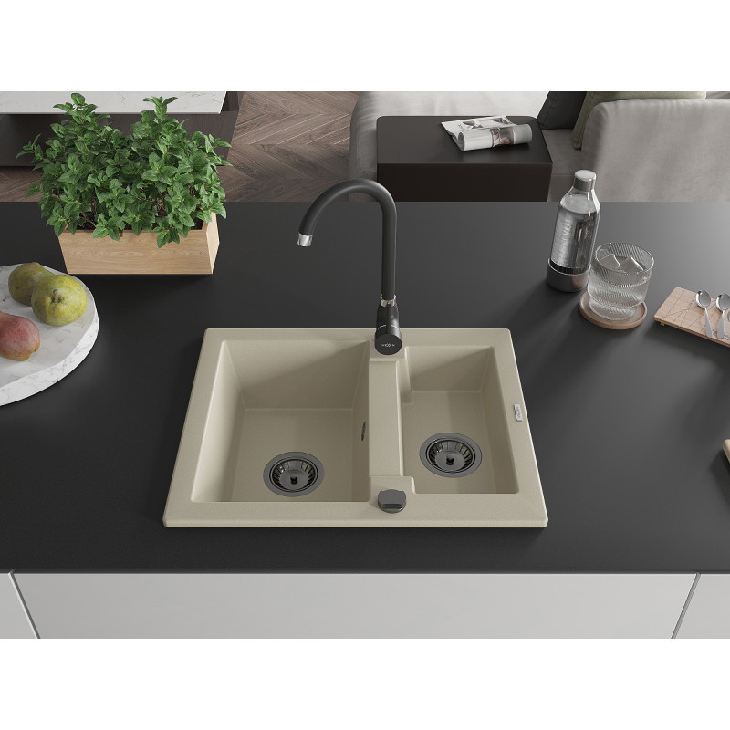 Mexen Carlos granieten gootsteen 1,5-kamer 582 x 475 mm, beige, zwarte sifon - 6518581500-69-B