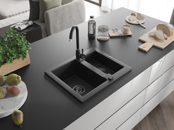 Mexen Carlos évier en granit 1,5 bac 582 x 475 mm, noir, siphon noir - 6518581500-77-B