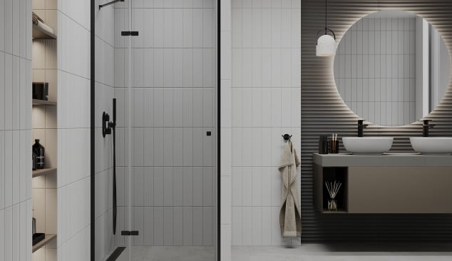 Subdued bathroom with shower doors