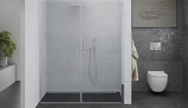 Double shower doors in a minimalist bathroom